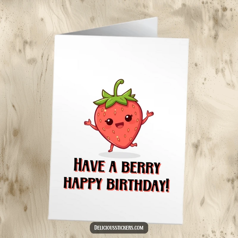 Funny Free Printable Birthday Card: Delighted strawberry doing a happy jig, celebrating a sweet birthday.