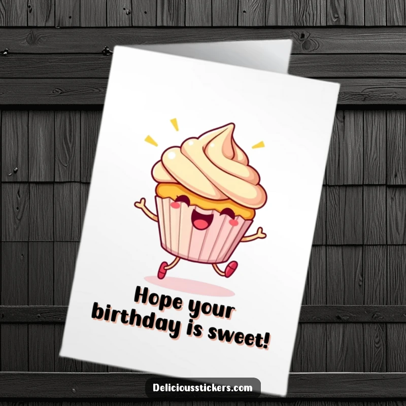 Funny free printable birthday card featuring a beaming cupcake character joyfully doing a little hop, radiating happiness.