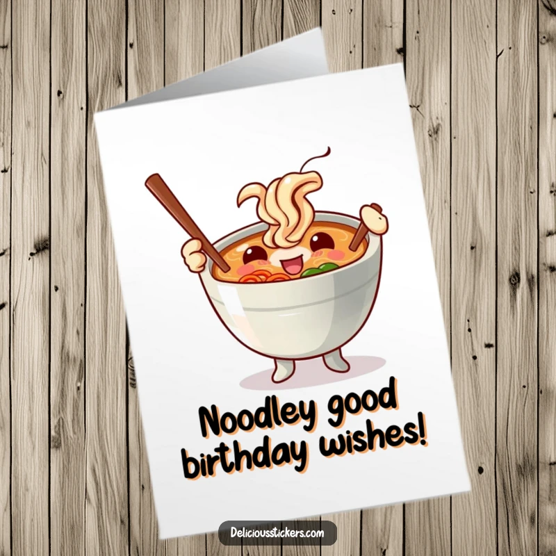 Funny Free Printable Birthday Card: Happy ramen bowl character waving chopsticks like batons, ready to party.