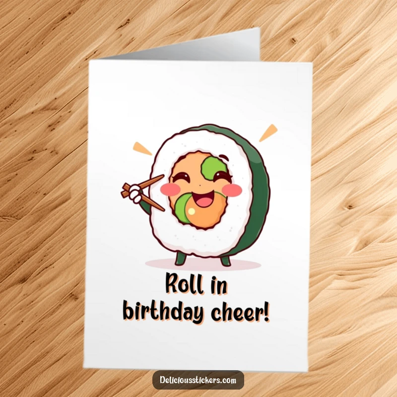 Funny Free Printable Birthday Card: Sushi roll character strikes a victory pose with chopsticks, celebrating a birthday.