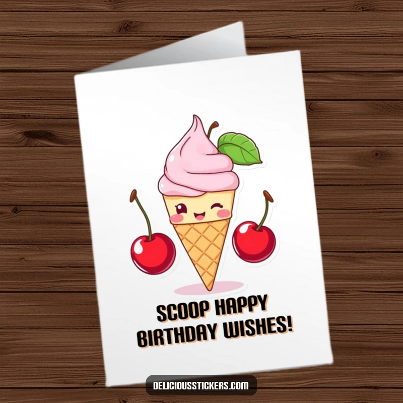 Funny Free Printable Birthday Card: Winking ice cream cone balancing cherries, wishing a happy and cool birthday.