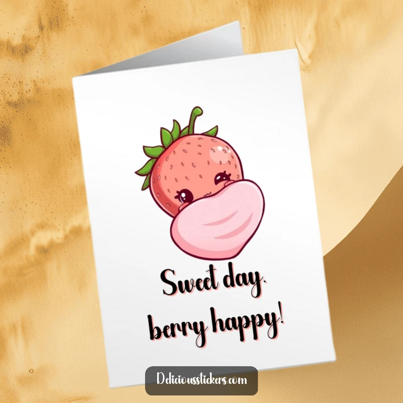 Funny free printable birthday card featuring a shy strawberry peeking playfully from behind a giant candy, full of sweet charm.