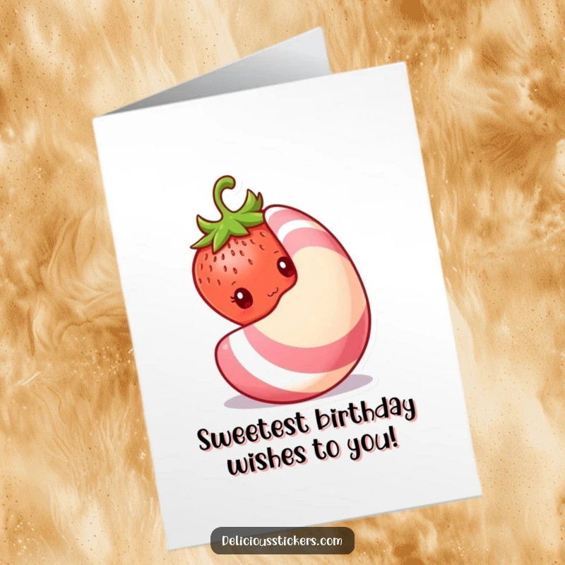 Funny Free Printable Birthday Card: A shy strawberry peeks out from behind a giant, colorful candy with bashful charm.