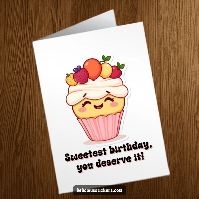 Funny Free Printable Birthday Card: Giggling cupcake wears fruit crown, a humorous downloadable gift for birthdays.