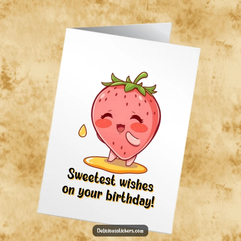 Funny free printable birthday card featuring a shy strawberry character reaching up to catch a falling syrup drop, looking embarrassed.
