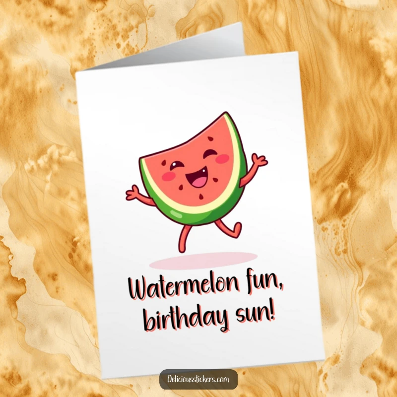 Funny free printable birthday card featuring a grinning watermelon slice doing a goofy dance, spreading joy and laughter.