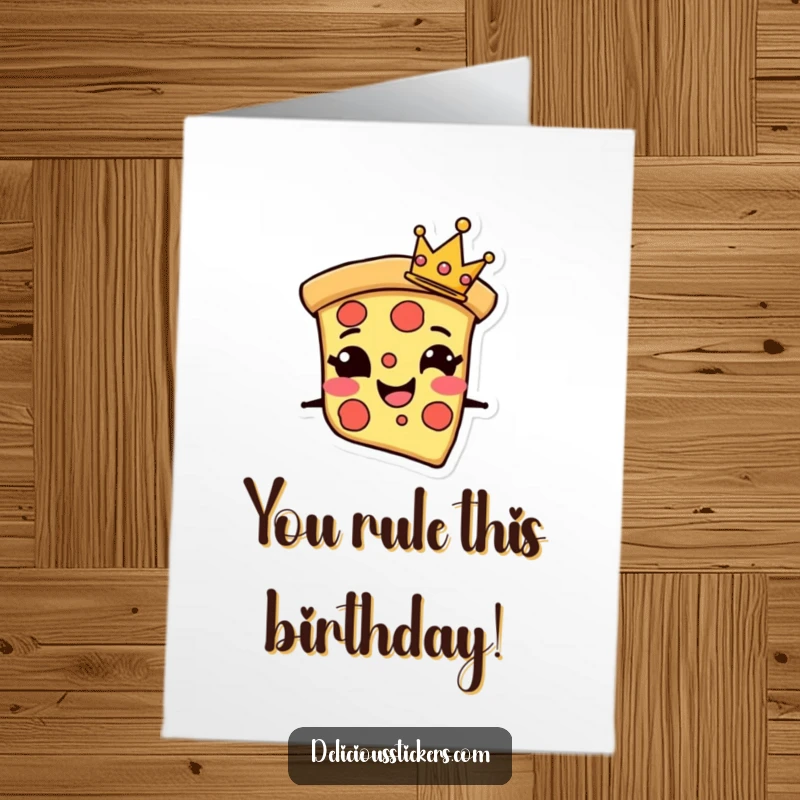 Funny Free Printable Birthday Card: A grinning pizza slice character wearing a tiny crown, celebrating a royal birthday.