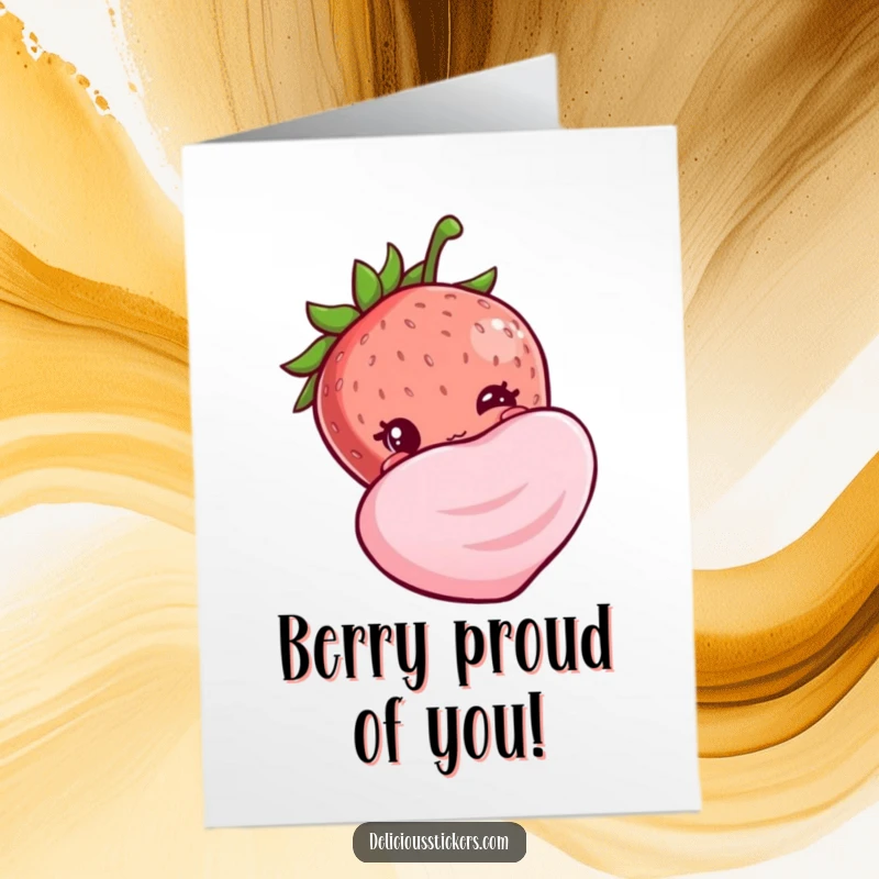 Funny free printable congratulations card with a shy strawberry peeking from behind a large candy, expressing sweet joy.