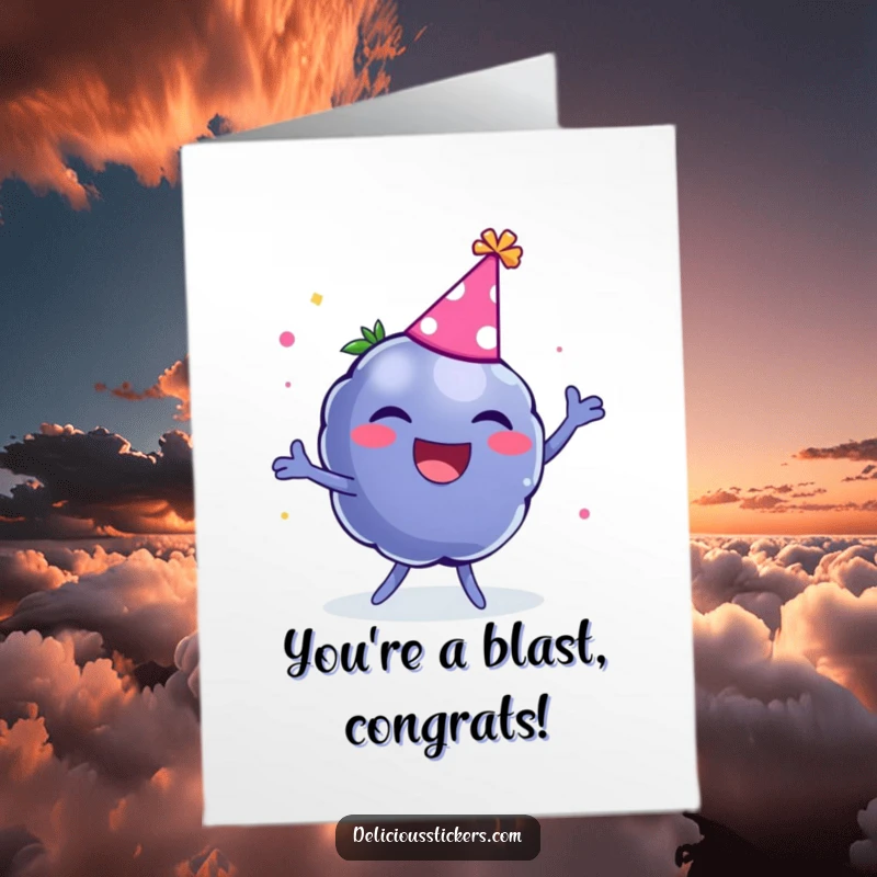 Funny Free Printable Congratulations Card: A laughing blueberry in a party hat, dancing joyfully to celebrate success.