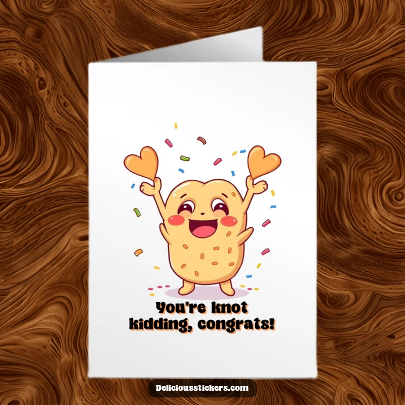 Funny free printable congratulations card showing a cheesy pretzel character with a big grin tossing confetti, ideal for a downloadable art piece.