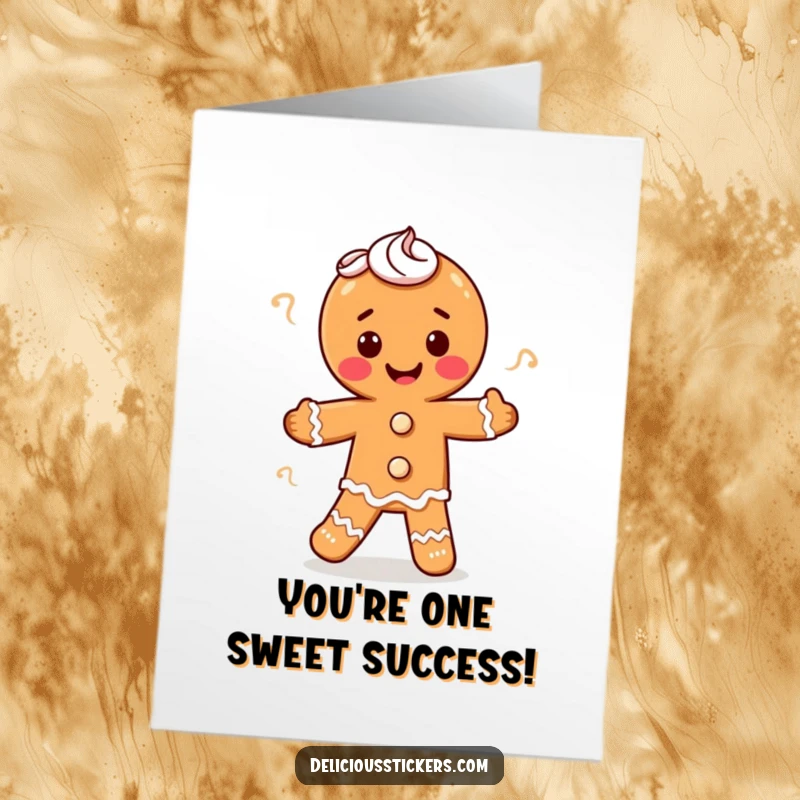 Funny Free Printable Congrats Card: Gingerbread man character with frosting swirls performing a celebratory jig to mark an achievement.