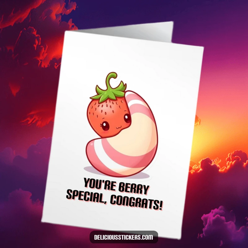Funny Free Printable Congrats Card: A bashful strawberry peeks from behind a massive candy, celebrating your amazing achievement.