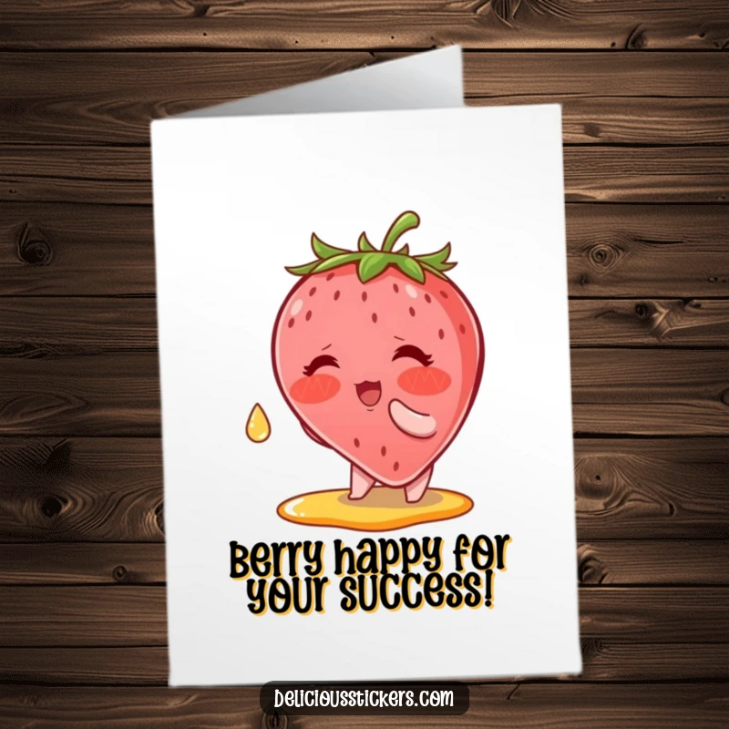 Funny free printable congratulations card showing a blushing strawberry character trying to catch a syrup drop with a hopeful look.