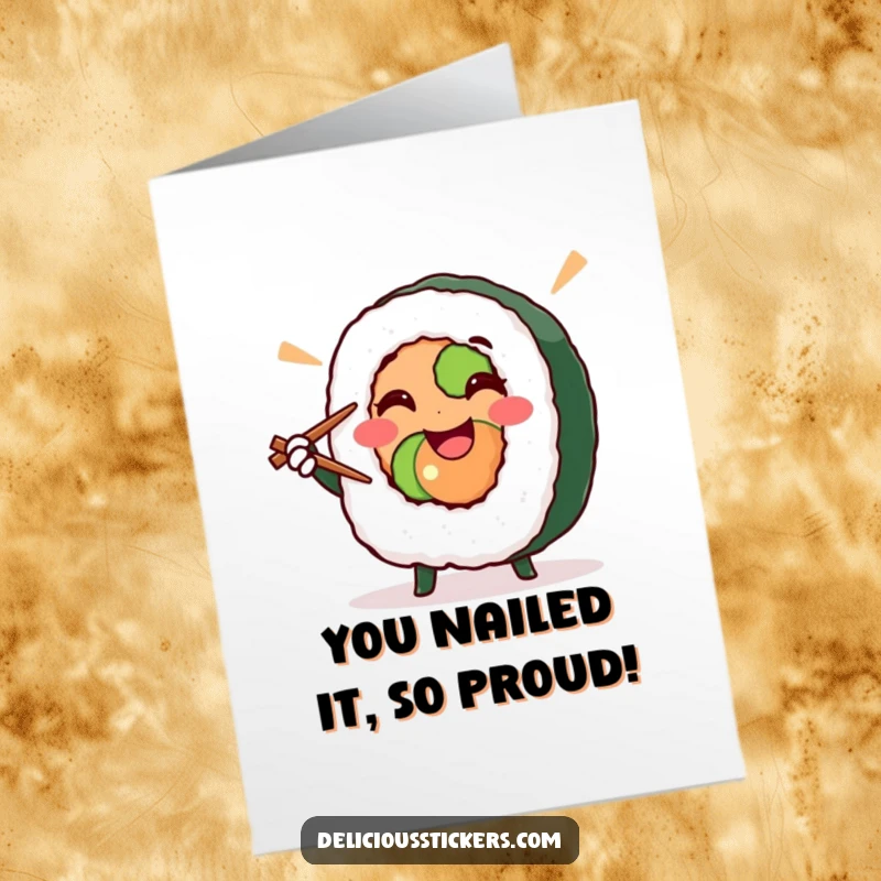 Funny Free Printable Congrats Card: Smiling sushi roll character in a victorious pose with chopsticks, celebrating a major win.