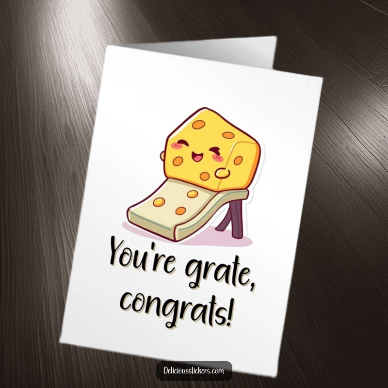 Funny Free Printable Congrats Card: A winking piece of cheese slides down a slide, celebrating your fantastic news with zest.