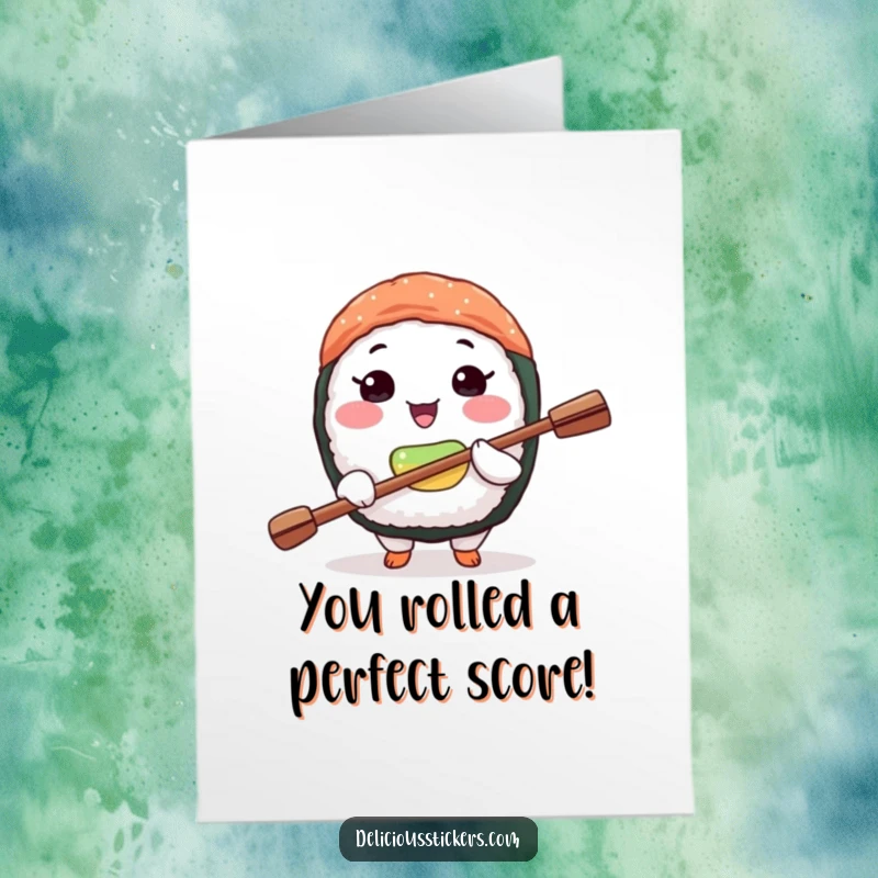 Funny Free Printable Congratulations Card: Sushi character balances paddle, congratulating a skillful accomplishment.