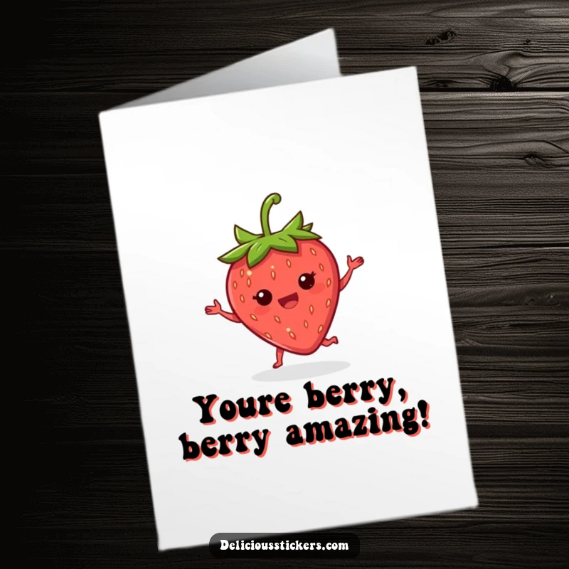 Funny Free Printable Congratulations Card: Delighted strawberry dancing, celebrating a successful and fruitful endeavor.