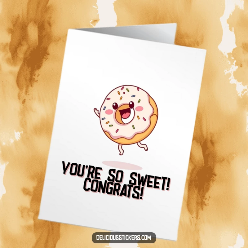 Funny free printable congratulations card of a delighted donut with sprinkles performing a cartwheel of joy.