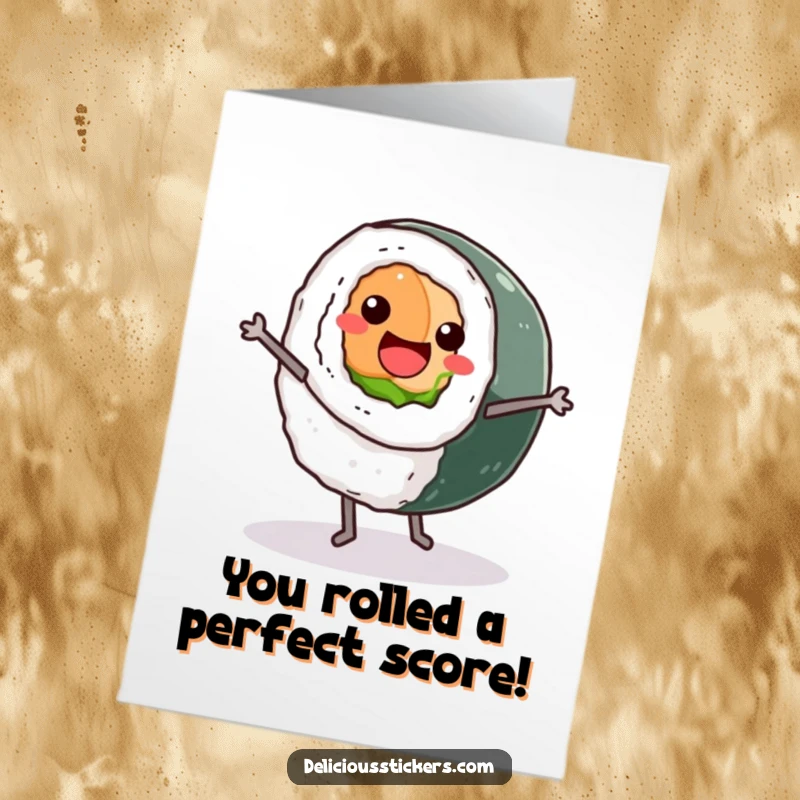 Funny free printable congratulations card of a happy sushi roll character performing a cartwheel with tiny legs, showing excitement.