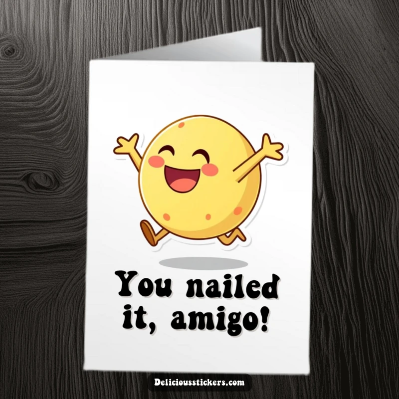 Funny free printable congratulations card of a happy taco character energetically leaping forward to celebrate a victory.