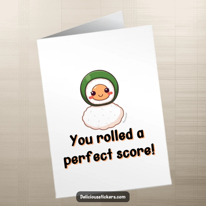 Funny Free Printable Congratulations Card of a smiling sushi roll masterfully balancing on a lone grain of rice.