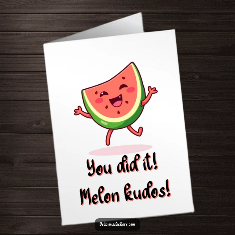 Funny free printable congratulations card with a grinning watermelon slice doing a comical dance, celebrating success with humor.