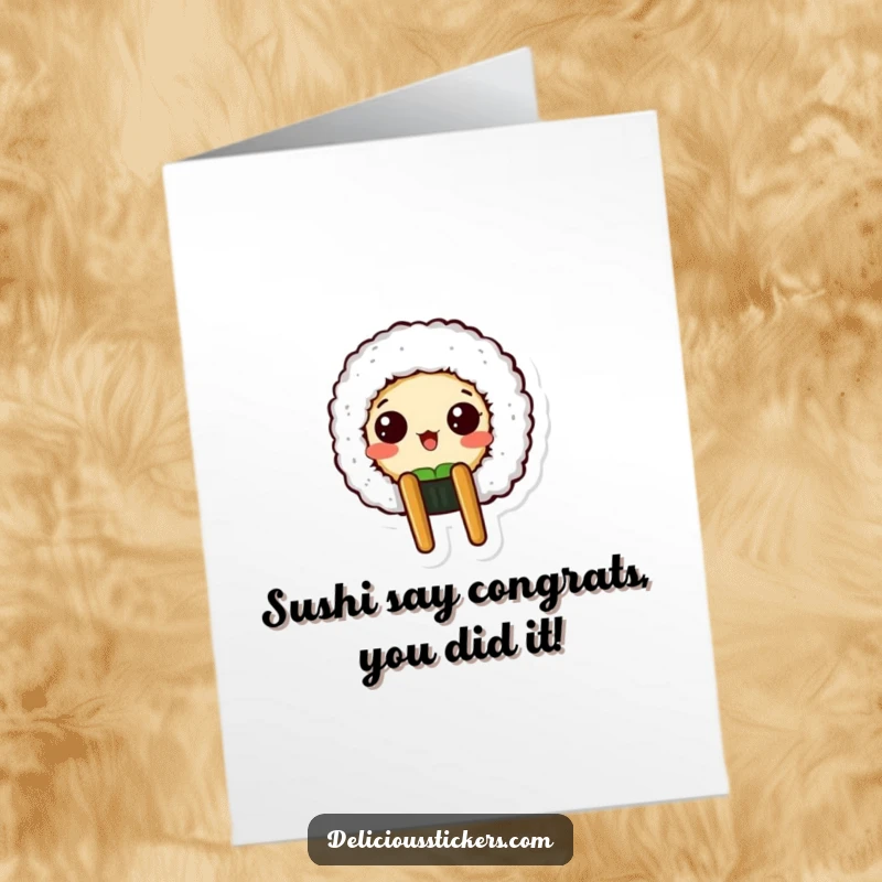 Funny Free Printable Congratulations Card: Sushi roll peeking from a chopstick holder with a surprised face, celebrating an achievement.
