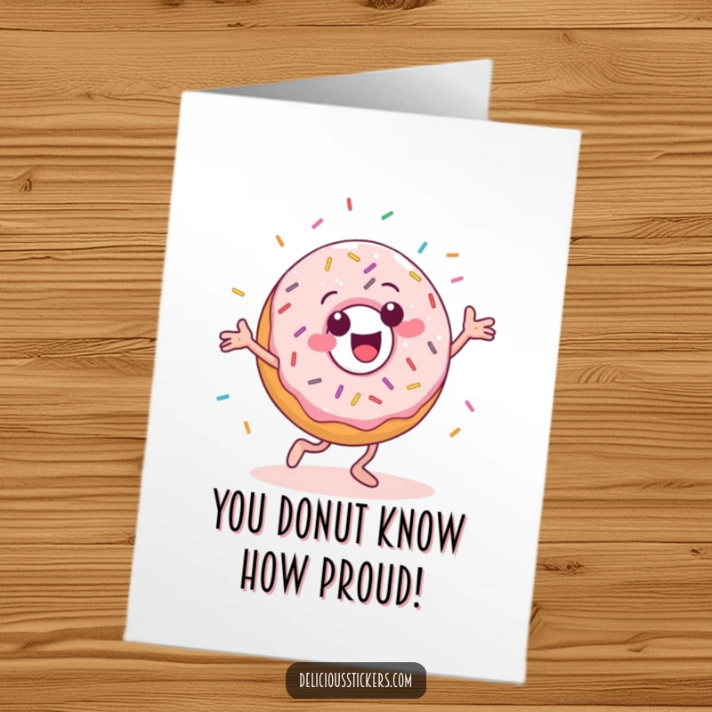 Funny Free Printable Congratulations Card: A happy donut character dances with sprinkles flying, celebrating a win.