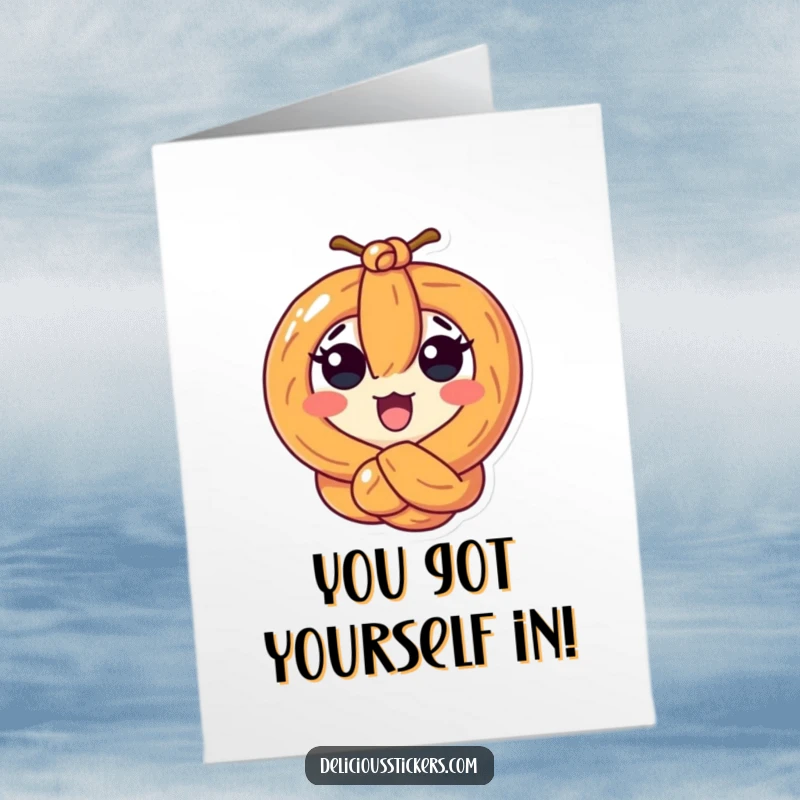 Funny Free Printable Congratulations Card: A surprised pretzel character is tied in a knot, celebrating a complex success.