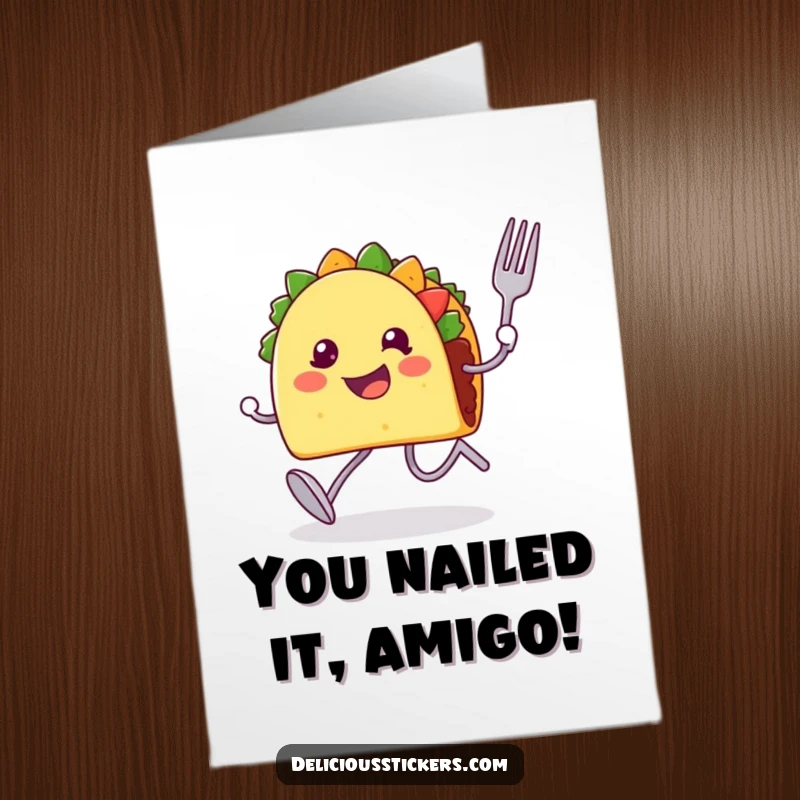 Funny Free Printable Congratulations Card: A speedy taco character with legs and utensils is running to share good news.