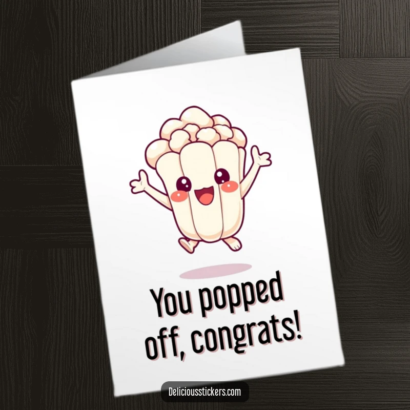 Funny Free Printable Congratulations Card: Popcorn kernel jumps with delight, celebrating success with downloadable energy.
