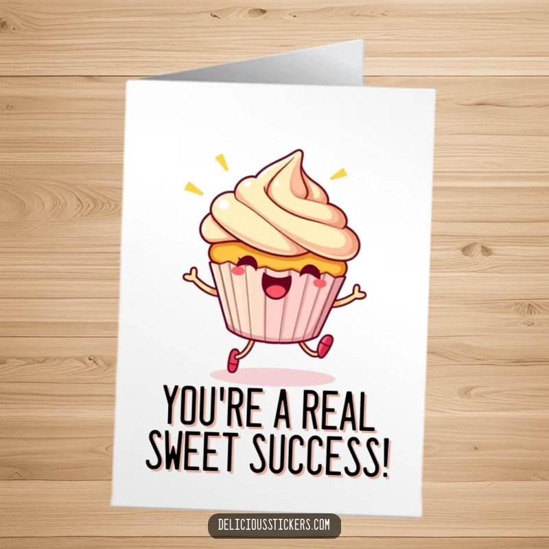 Funny free printable congratulations card showing a beaming cupcake character mid-hop, celebrating an achievement with glee.