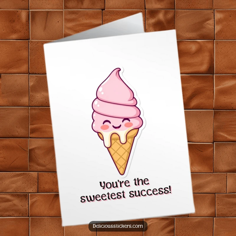 Funny Free Printable Congratulations Card: A happy, slightly melting ice cream cone character celebrating a wonderful achievement.