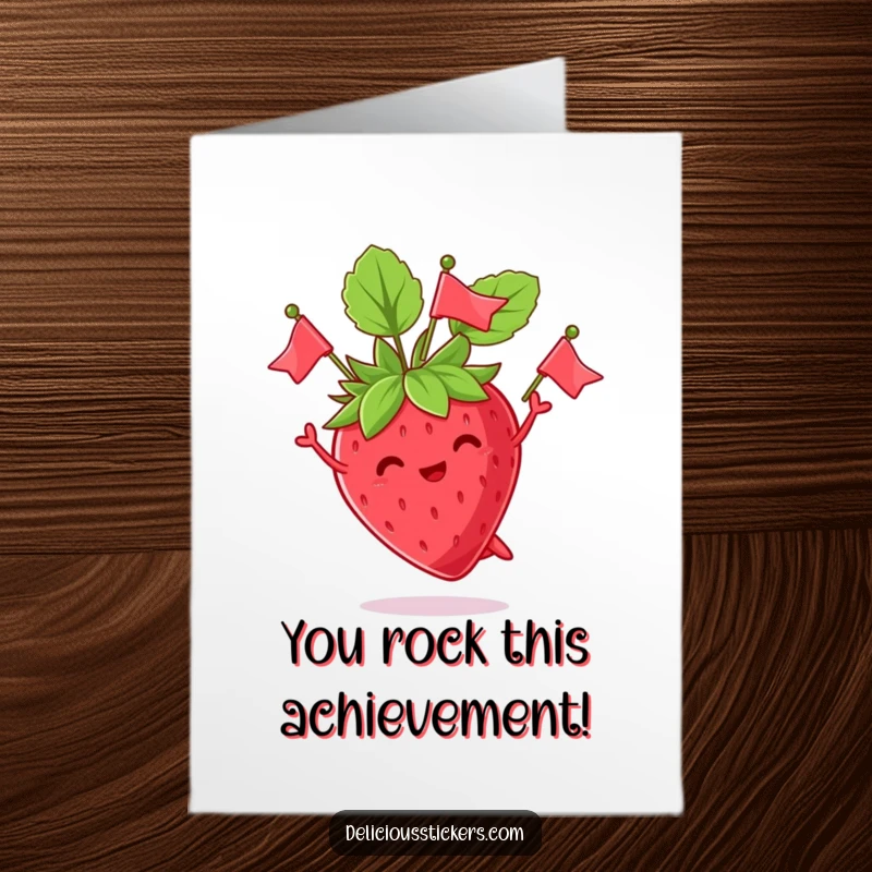 Funny Free Printable Congratulations Card: A happy strawberry juggles leaves like flags, cheering for an achievement.