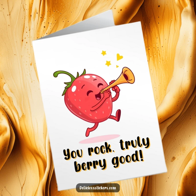 Funny Free Printable Congratulations Card: A happy strawberry character in mid-jump, playing a small, cheerful trumpet.