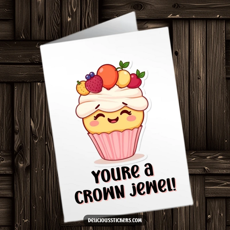 Funny Free Printable Congratulations Card: Cupcake with fruit crown giggles, celebrating success with downloadable sweetness.
