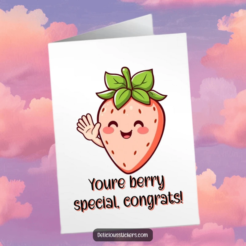 Funny Free Printable Congratulations Card featuring a smiling strawberry character happily waving, celebrating a success.