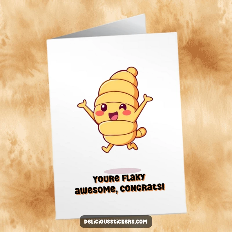 Funny Free Printable Congratulations Card featuring a cheerful croissant character leaping in the air, celebrating achievement.