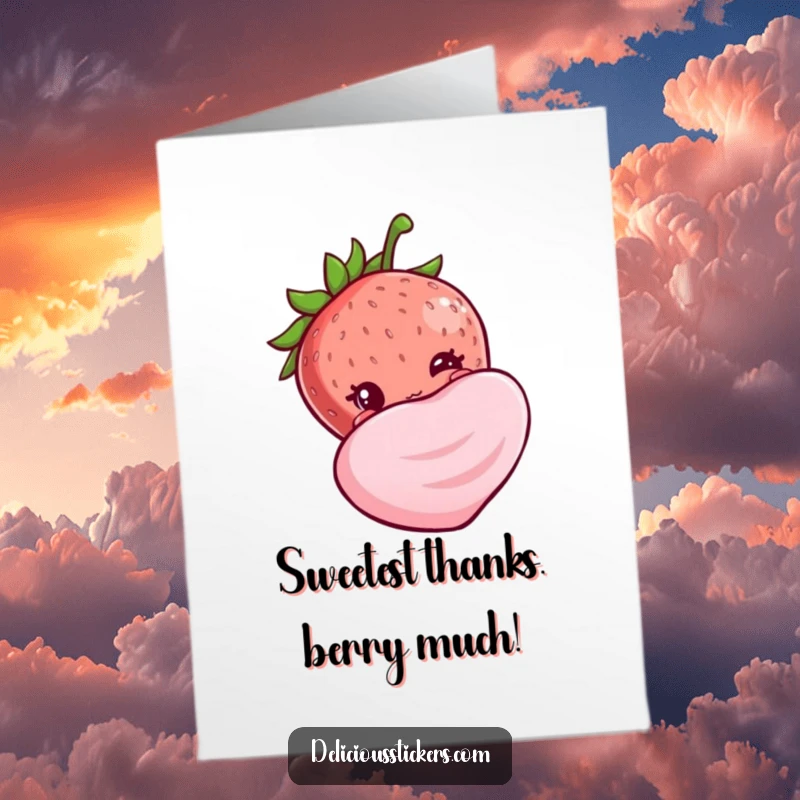 Funny free printable thank you card with a shy strawberry peeking out from behind a big candy, offering thanks sweetly.