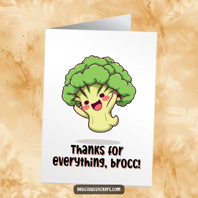 Funny free printable thank you card with a playful broccoli character doing a cool somersault to express thanks.