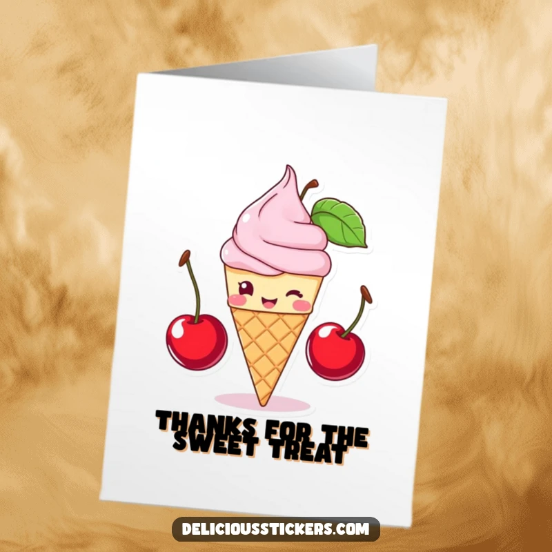 Funny Free Printable Thank You Card: A winking ice cream cone balancing cherries, expressing sweet and cool gratitude.
