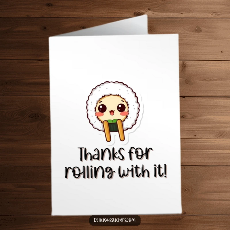 Funny Free Printable Thank You Card: Sushi roll peeking from a chopstick holder with a surprised look, expressing thanks humorously.