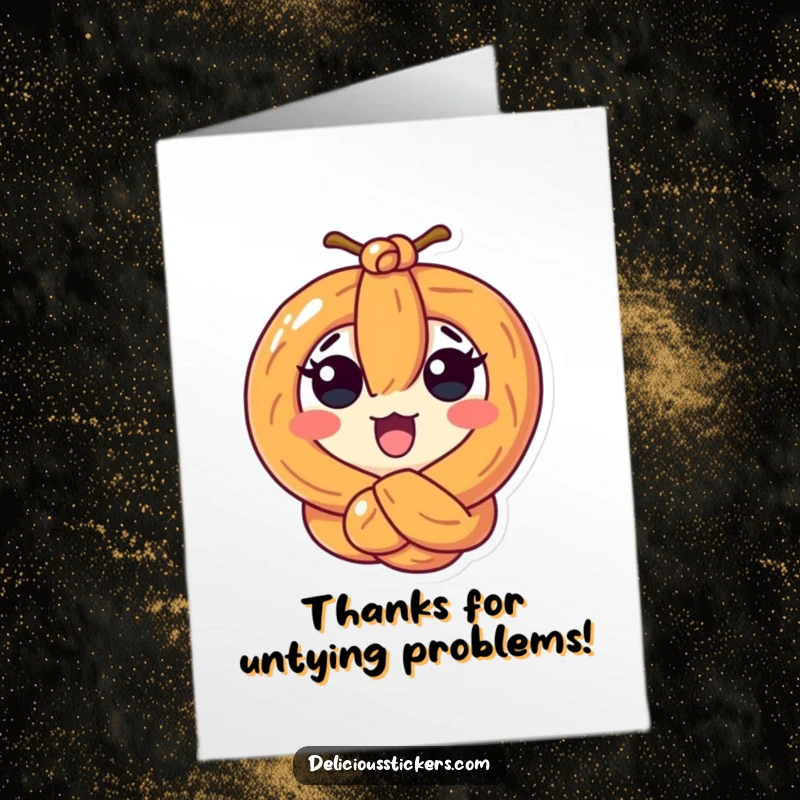 Funny Free Printable Thank You Card: A surprised pretzel character is tied in a knot, expressing thanks in a twisted way.