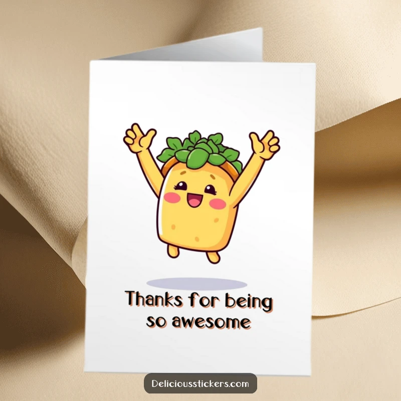 Funny Free Printable Thank You Card: Smiling taco doing a triumphant jump, expressing enthusiastic thanks.
