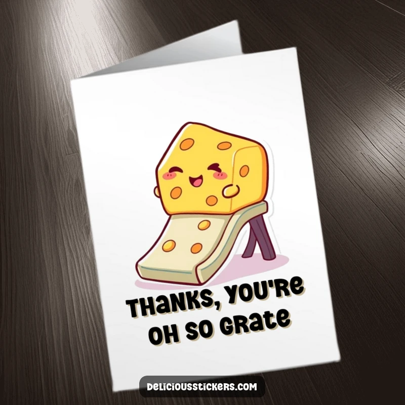 Funny Free Printable Thank You Card: A winking piece of cheese slides down a slide, sending thanks with a playful wink.