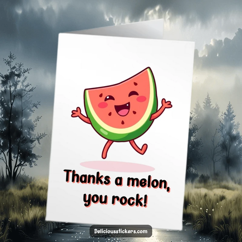 Funny free printable thank you card showcasing a grinning watermelon slice in a silly dance pose, conveying thanks playfully.