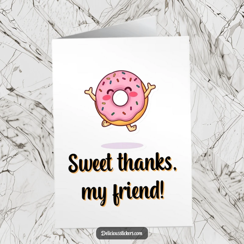 Funny Free Printable Thank You Card: A cheerful donut character with colorful sprinkles dancing, expressing sweet thanks.