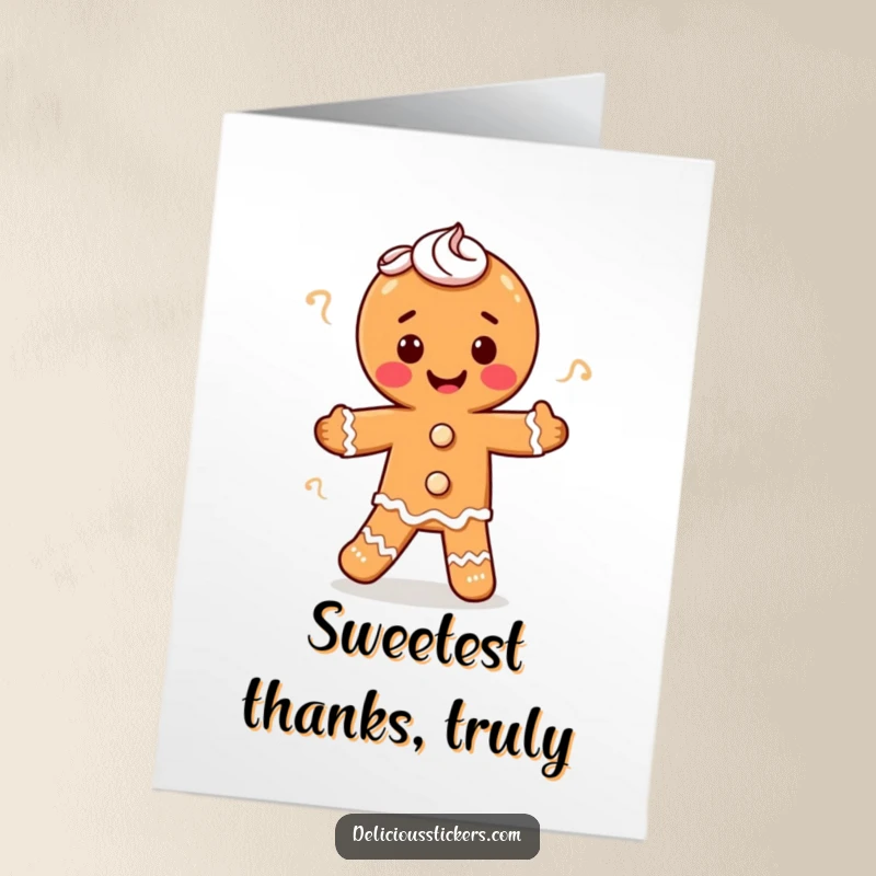Funny Free Printable Thank You Card: A happy gingerbread man with frosting swirls doing a thankful jig, spreading good vibes.