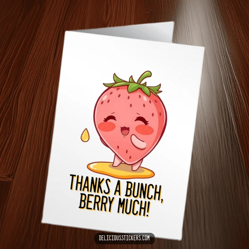 Funny free printable thank you card featuring a blushing strawberry character reaching for a syrup drop, expressing sweet gratitude.