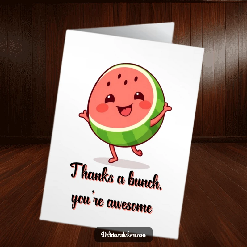 Funny Free Printable Thank You Card: A grinning watermelon slice does a happy, silly dance to express heartfelt thanks.